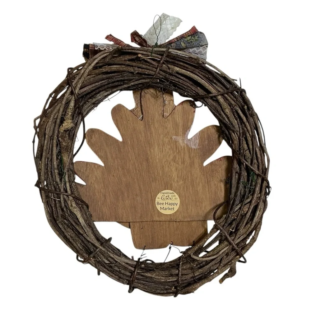 Hand Crafted Thanksgiving Turkey Wreath BeThankful Rustic Red Brown Accent 14 In